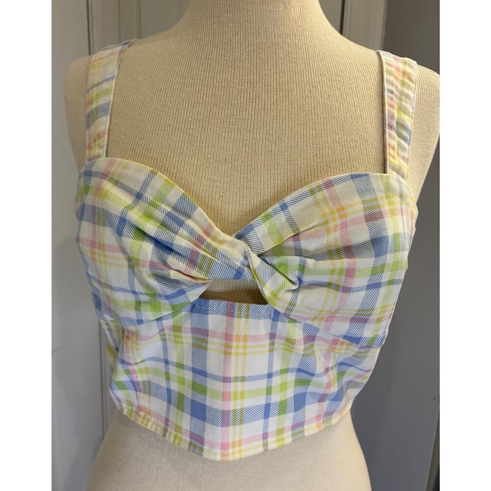 Bar III Pastel Plaid Twist-Front Crop Top